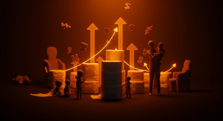 Industria de pañales desechables en EE.UU. representada con metáforas visuales de crecimiento de mercado y retraso en el entrenamiento para ir al baño.