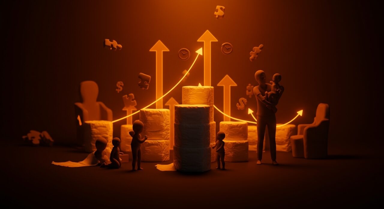 Industria de pañales desechables en EE.UU. representada con metáforas visuales de crecimiento de mercado y retraso en el entrenamiento para ir al baño.