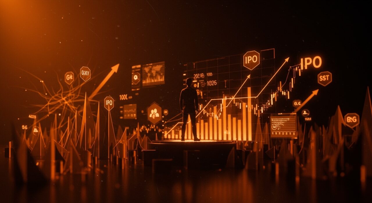 Imagen conceptual de una silueta de fundador sobre interfaz digital con gráficos de IPO y metáforas visuales de mercado de capitales y tecnología AI en 2026.