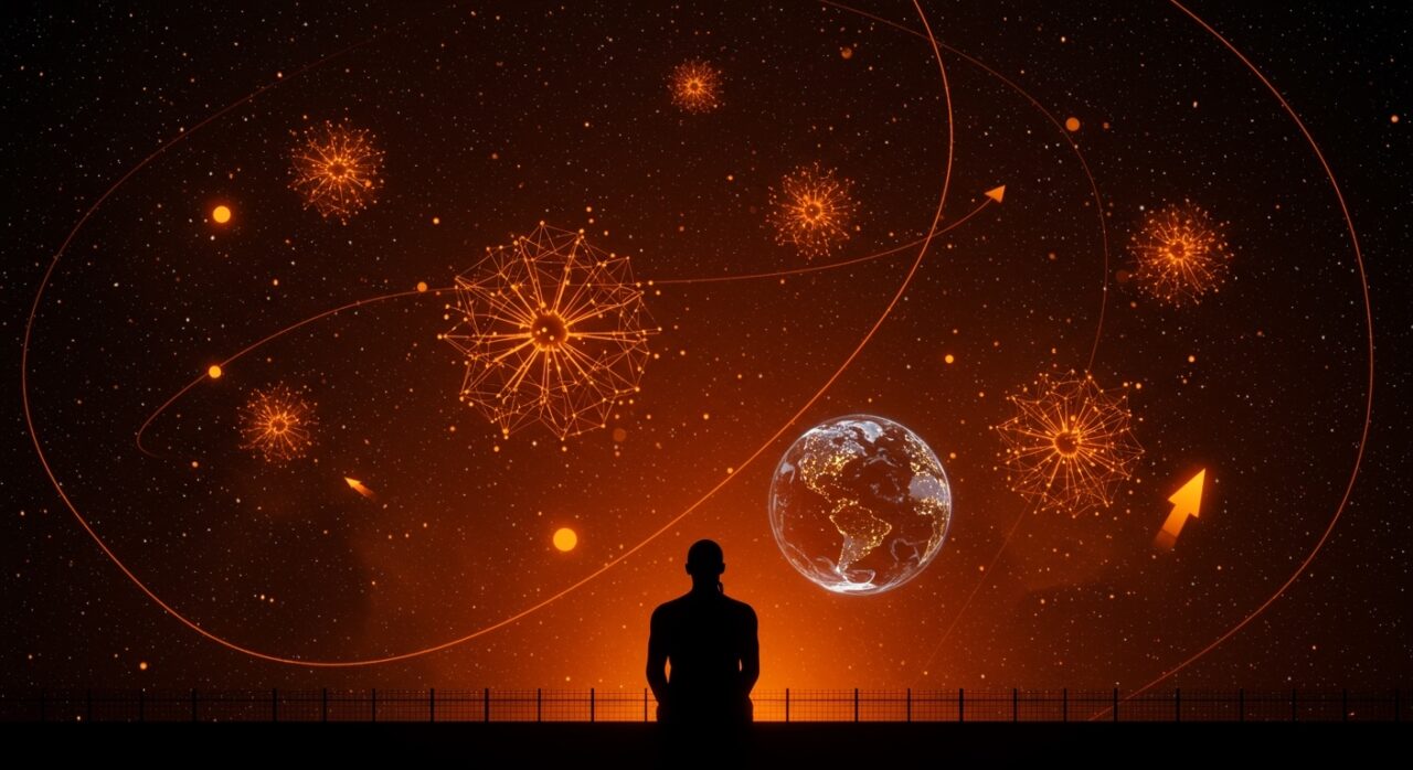 Representación visual de la paradoja de Fermi con elementos de inteligencia artificial, exploración espacial y la hipótesis del zoológico en una paleta naranja y negra.