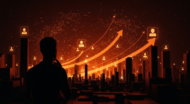 Profesional tech contemplando un paisaje digital con vacantes y redes neuronales que ilustran la paradoja de la IA en el empleo tecnológico.