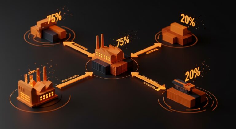 Visualización de cadena de suministro internacional mostrando la distribución del pass-through arancelario entre productores e importadores en comercio internacional.