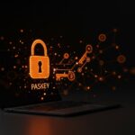 Representación visual de passkeys y autenticación segura en startups con elementos de criptografía e innovación tecnológica en paleta naranja y negra.