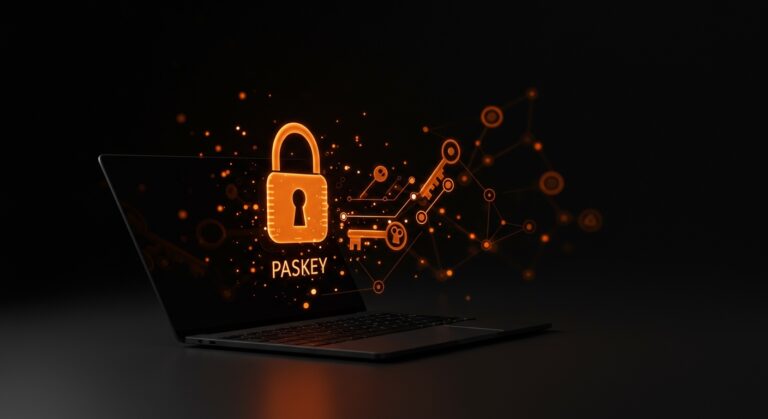 Representación visual de passkeys y autenticación segura en startups con elementos de criptografía e innovación tecnológica en paleta naranja y negra.