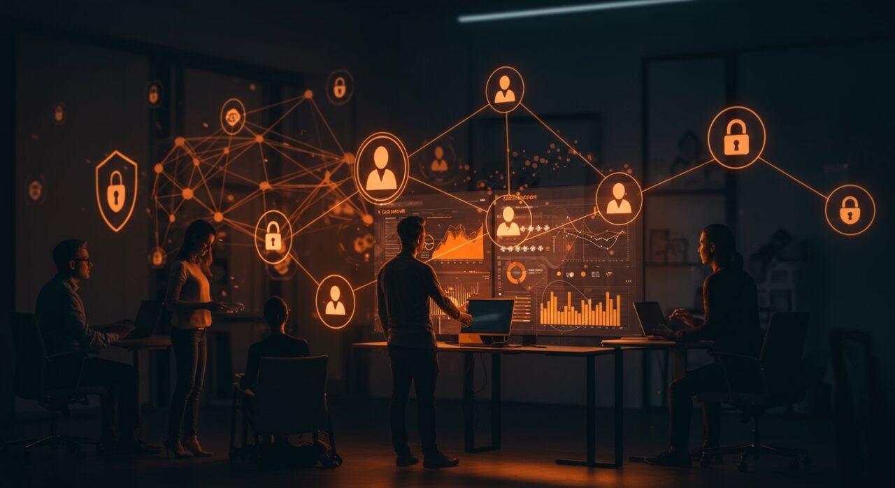 Equipo de startup gestionando contraseñas con un gestor SaaS seguro y colaborativo, destacando productividad y seguridad.