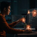 Ingeniería agéntica y agentes de codificación en startups tech, mostrando colaboración con IA para productividad y escalabilidad.