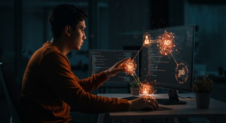 Ingeniería agéntica y agentes de codificación en startups tech, mostrando colaboración con IA para productividad y escalabilidad.