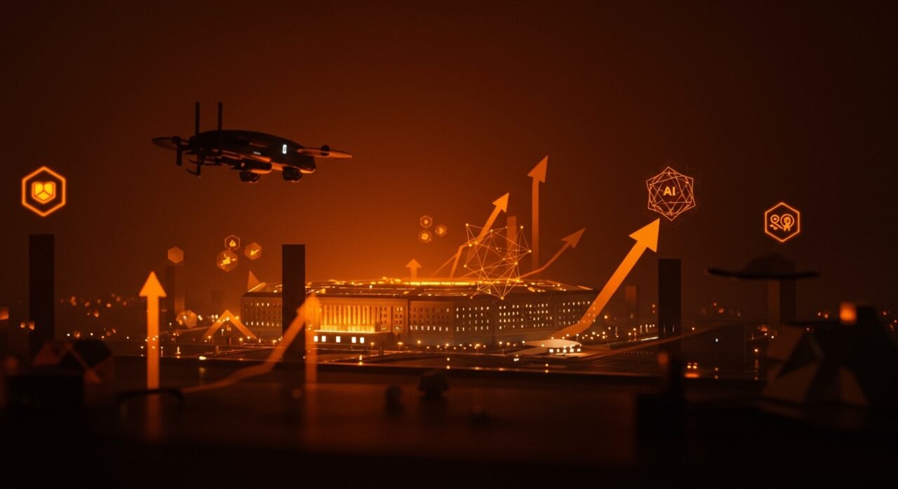 Integración de inteligencia artificial y automatización en defensa con contrato Anduril adjudicado por el Pentágono, resaltando tecnología militar avanzada.