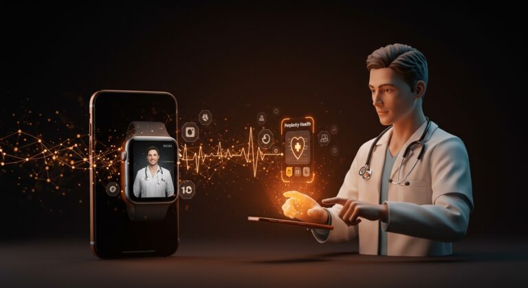 Integración de IA aplicada en salud digital con Perplexity Health, Apple Health y dispositivos wearables en un entorno tecnológico avanzado.