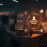 Innovación en salud digital con IA aplicada y wearables en startups, representado con hologramas de datos médicos y redes neuronales abstractas.