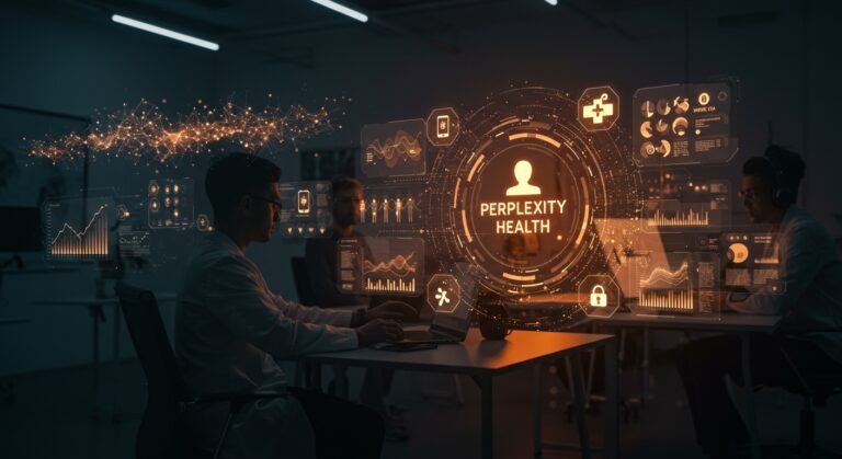 Innovación en salud digital con IA aplicada y wearables en startups, representado con hologramas de datos médicos y redes neuronales abstractas.