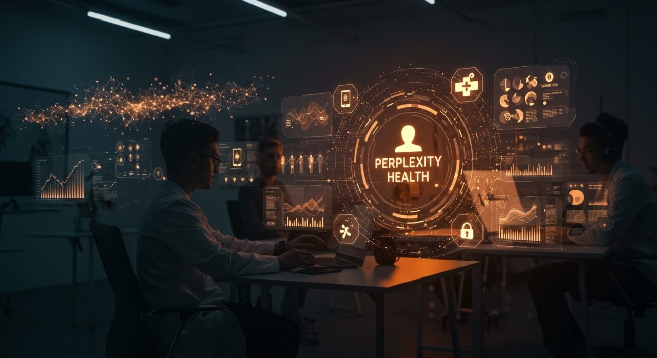 Innovación en salud digital con IA aplicada y wearables en startups, representado con hologramas de datos médicos y redes neuronales abstractas.