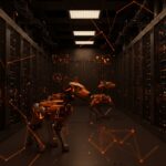 Perros robot patrullando un centro de datos avanzado, simbolizando automatización y seguridad con inteligencia artificial en tecnología startup.