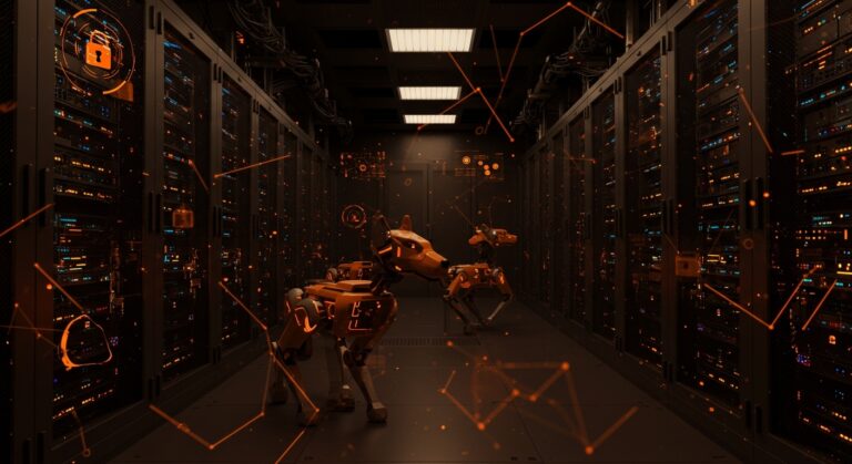 Perros robot patrullando un centro de datos avanzado, simbolizando automatización y seguridad con inteligencia artificial en tecnología startup.