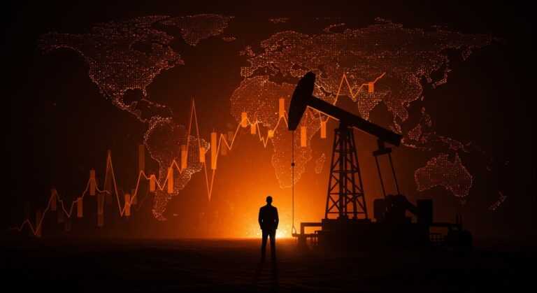 Larry Fink de BlackRock contemplando riesgo de recesión global ante petróleo en 150 dólares, simbolizado con metáforas energéticas y económicas en tonos naranja y negro.