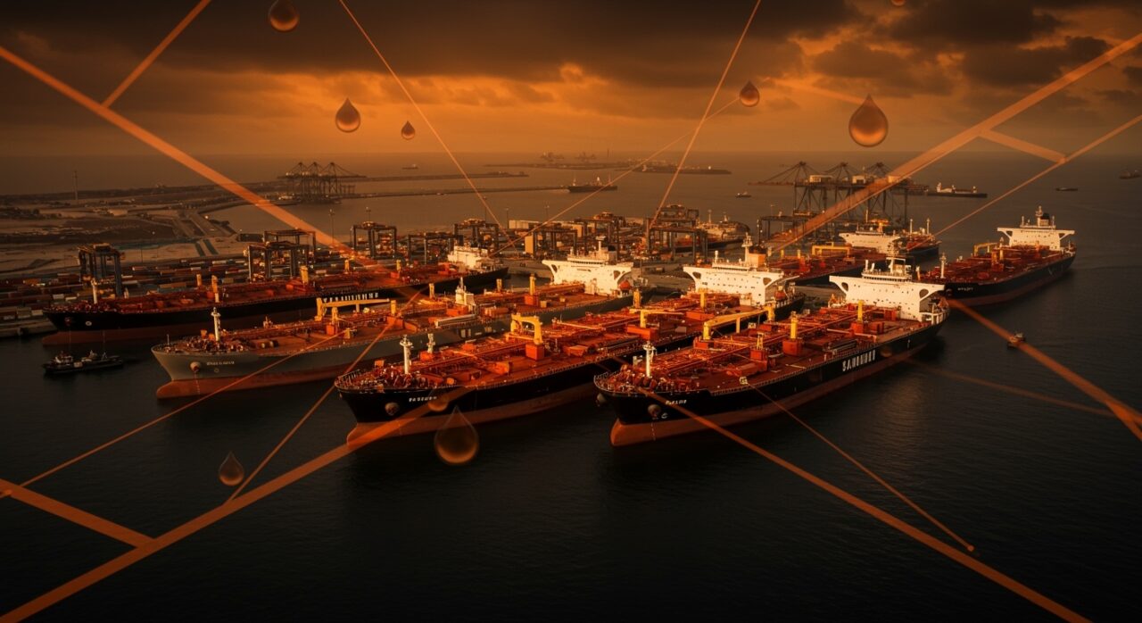 Congestión de superpetroleros VLCC en Yanbu causada por el bloqueo del Estrecho de Ormuz, ilustrando la crisis del petróleo y su impacto en mercados energéticos globales.