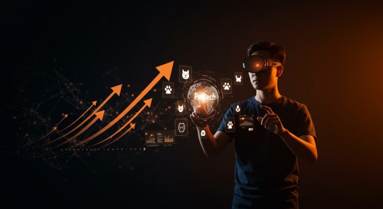 Founder de startup PetTech interactuando con iconos digitales y conexiones globales, ilustrando programa de aceleración para bienestar animal a escala internacional.