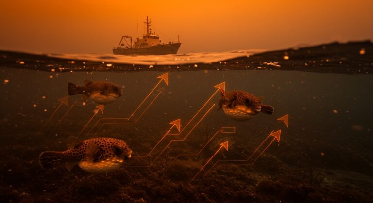 Pez globo tóxico en aguas de Galicia representando la tropicalización del mar atlántico y riesgos ecosistémicos asociados.