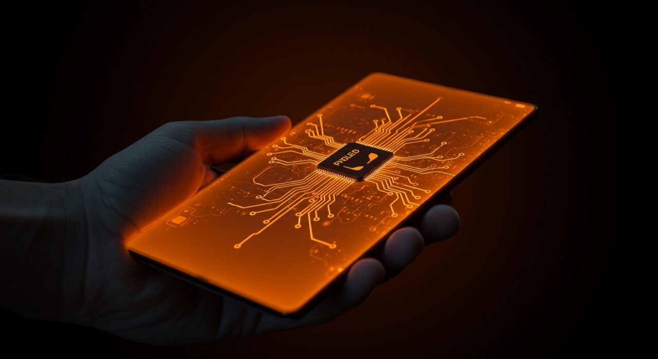 Pantalla OLED avanzada con tecnología PHOLED que evita el quemado, destacando innovación tecnológica y eficiencia energética en hardware startup.