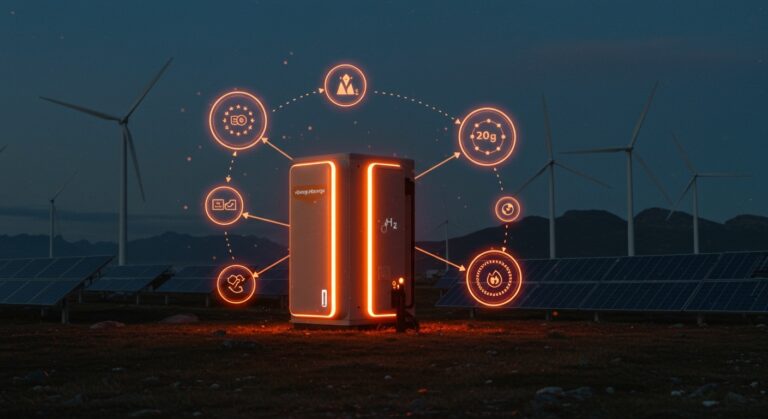 Tecnología avanzada de almacenamiento energético con hidrógeno sólido de Photoncycle en Europa, destacando financiación y energía sostenible.