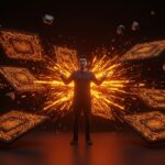 Fundador latino rodeado de hardware inteligente con patrones de IA física, simbolizando recaudación de fondos y escalabilidad internacional en startups de inteligencia artificial.