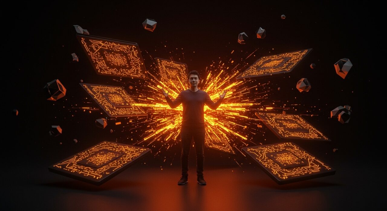 Fundador latino rodeado de hardware inteligente con patrones de IA física, simbolizando recaudación de fondos y escalabilidad internacional en startups de inteligencia artificial.