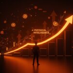 Emprendedor frente a gráfica digital ascendente representando ronda de inversión y crecimiento de valuación de Physical Intelligence en ecosistema startup.