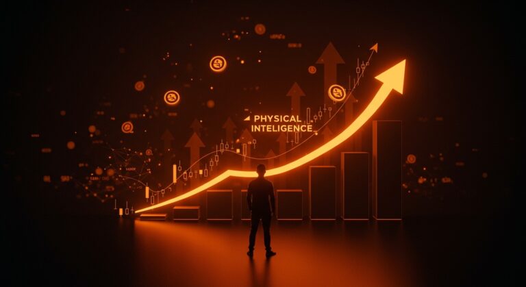 Emprendedor frente a gráfica digital ascendente representando ronda de inversión y crecimiento de valuación de Physical Intelligence en ecosistema startup.