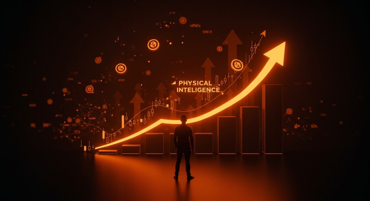 Emprendedor frente a gráfica digital ascendente representando ronda de inversión y crecimiento de valuación de Physical Intelligence en ecosistema startup.