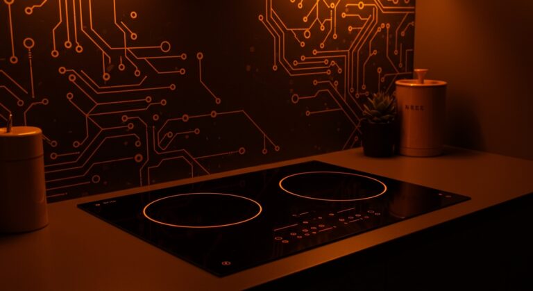 Placa de inducción invisible integrada en cocina moderna destacando innovación en domótica y tecnología para electrodomésticos inteligentes.