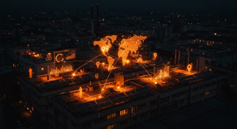 Techos óptimos con paneles solares resaltados por inteligencia artificial y tecnología geoespacial en energía renovable para startups tech.