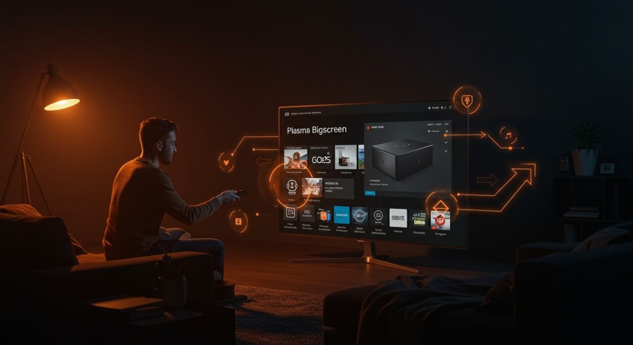 Interfaz Plasma Bigscreen en smart TV Linux open source de KDE, destacando tecnología libre para televisores y HTPCs en 2025.