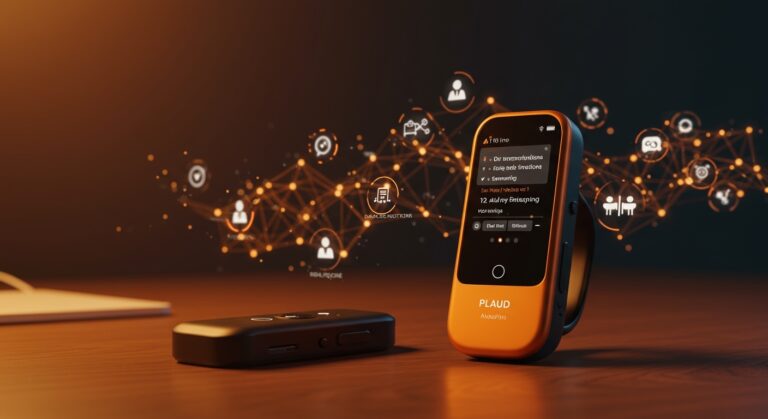 Grabadora IA wearable Plaud NotePin S con transcripción automática y funciones avanzadas destacada en entorno tecnológico moderno.