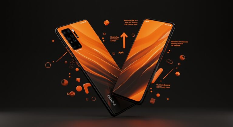 POCO X8 Pro y X8 Pro Max destacados en fondo negro con luces naranjas, mostrando tecnología avanzada y batería potente en smartphones 2026.