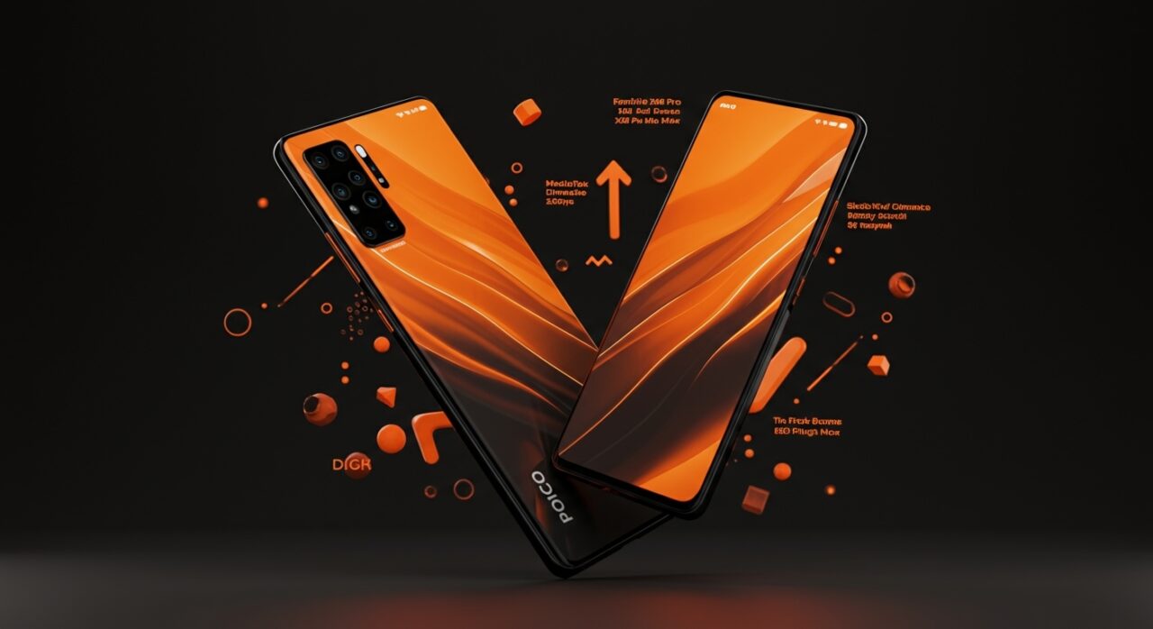 POCO X8 Pro y X8 Pro Max destacados en fondo negro con luces naranjas, mostrando tecnología avanzada y batería potente en smartphones 2026.