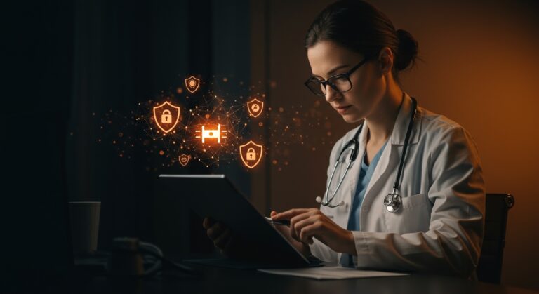 Profesional de salud revisando notas clínicas digitales con énfasis en seguridad de datos y políticas de IA en salud.