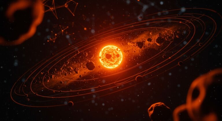 Polvo del asteroide Ryugu iluminado en tonos naranja y negro que revela datos del sistema solar primitivo y tecnología avanzada.