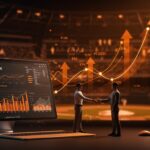 Interfaz digital futurista y apretón de manos representando la alianza exclusiva entre Polymarket y Major League Baseball en mercados de predicción y tendencias de startups tecnológicas.