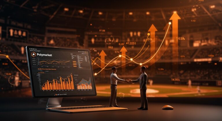 Interfaz digital futurista y apretón de manos representando la alianza exclusiva entre Polymarket y Major League Baseball en mercados de predicción y tendencias de startups tecnológicas.