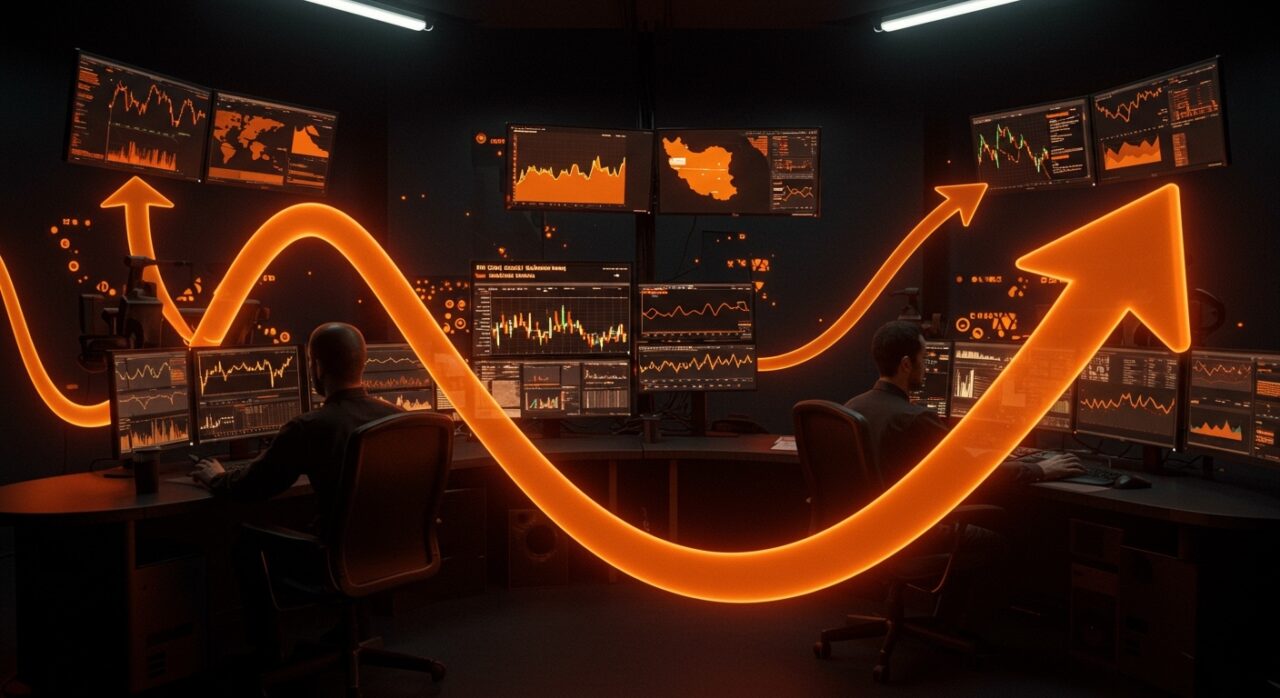 Plataforma Polymarket con traders interactuando con mercados de predicción geopolítica y blockchain sobre apuestas especulativas al bombardeo a Irán.