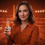 Allison Ellsworth con soda funcional Poppi en fondo vibrante que simboliza éxito viral en TikTok y adquisición por PepsiCo.