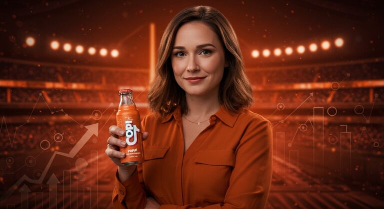 Allison Ellsworth con soda funcional Poppi en fondo vibrante que simboliza éxito viral en TikTok y adquisición por PepsiCo.