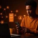 Founder usando la app Poppy para gestionar relaciones personales con privacidad local y notificaciones inteligentes en entorno de networking intencional.