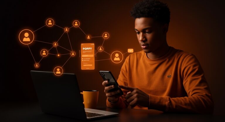 Founder usando la app Poppy para gestionar relaciones personales con privacidad local y notificaciones inteligentes en entorno de networking intencional.