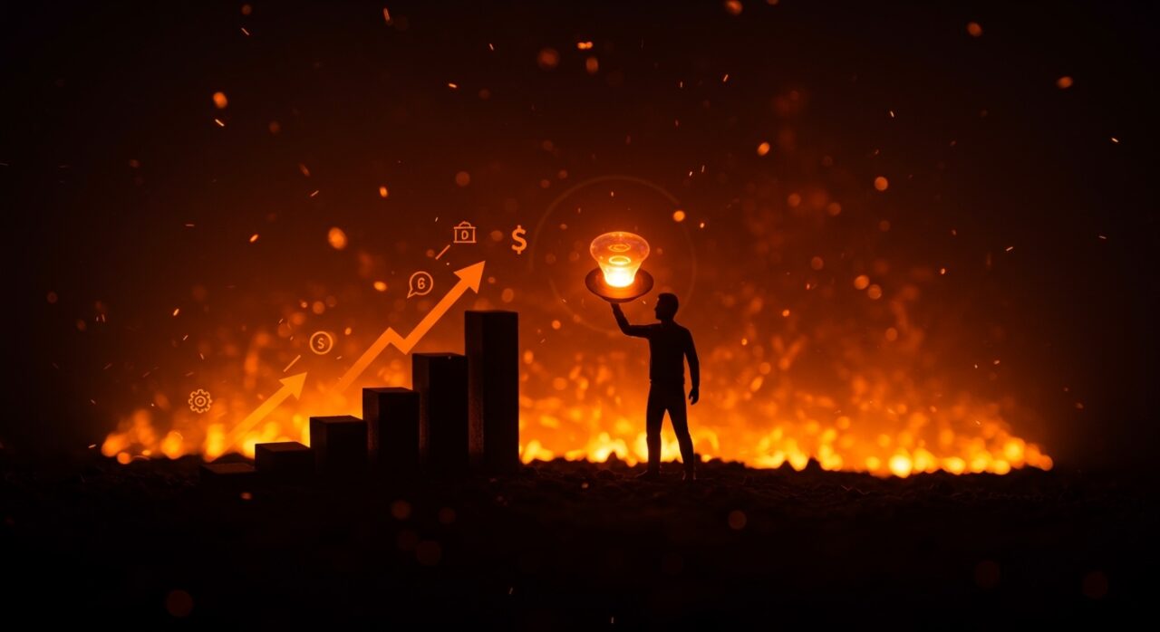 David Barnett fundador de PopSockets representado como emprendedor que crece sin capital institucional con metáforas visuales de financiación alternativa y escalabilidad bootstrapped.