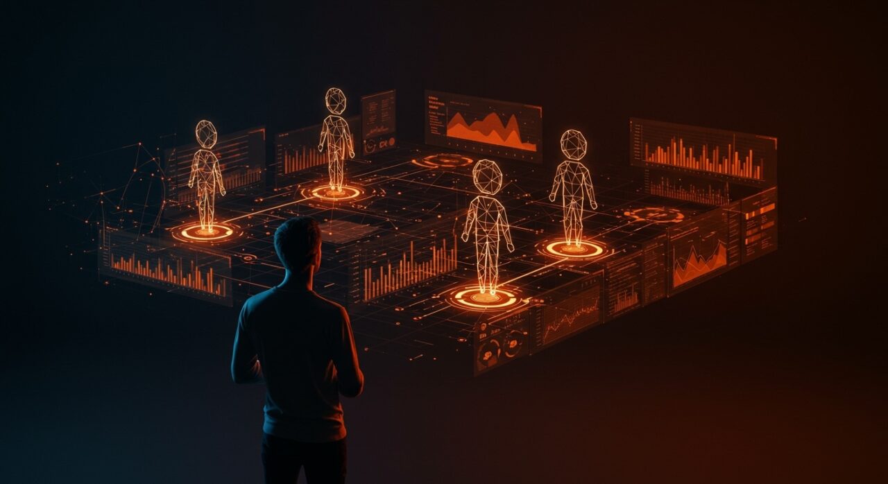 Fundador tecnológico frente a dashboard futurista con agentes IA y guardrails visuales que representan analítica segura y gobernanza en startups.