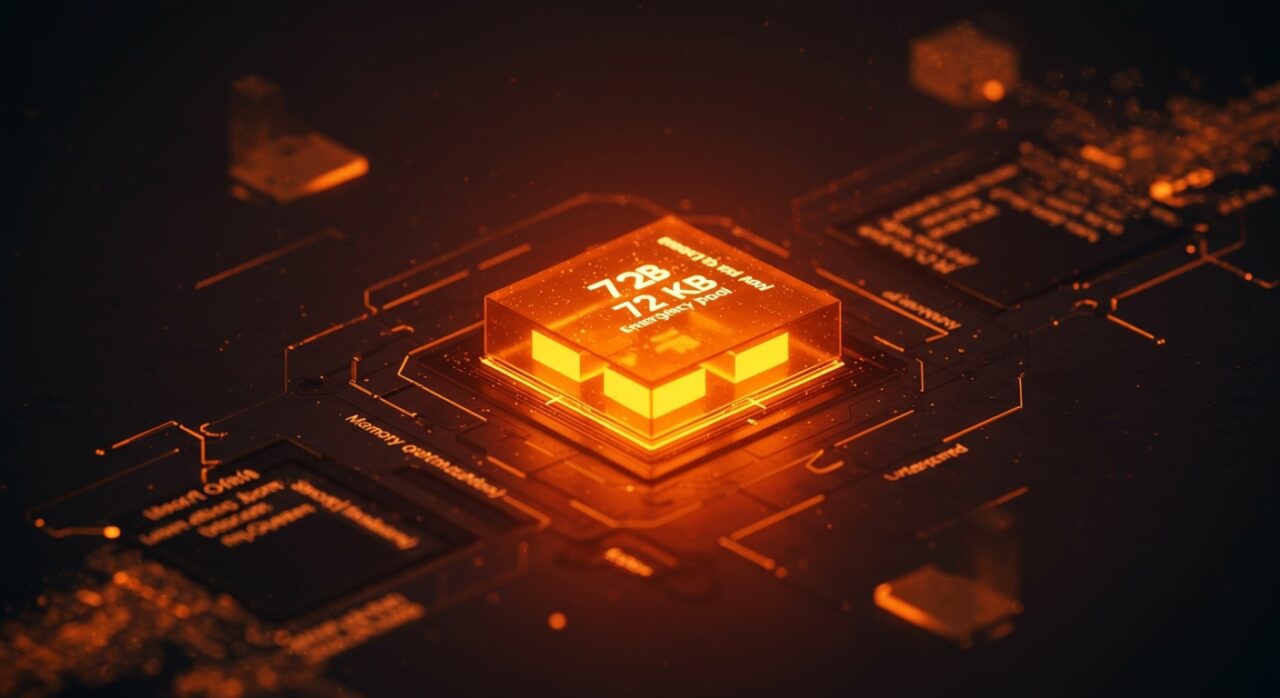 Visual conceptual de la gestión de memoria en C++ con foco en el emergency pool de 72 KB para manejo de excepciones en runtime.