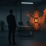 Ejecutivo entusiasta y colaborador escéptico frente a redes neuronales abstractas, ilustrando la adopción de inteligencia artificial en startups.