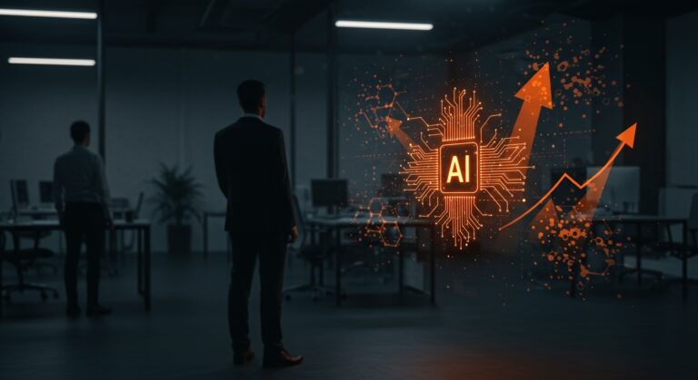 Ejecutivo entusiasta y colaborador escéptico frente a redes neuronales abstractas, ilustrando la adopción de inteligencia artificial en startups.