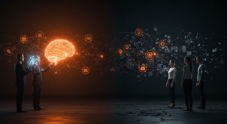 Ejecutivos y colaboradores individuales con percepciones opuestas de la inteligencia artificial en startups tecnológicas.